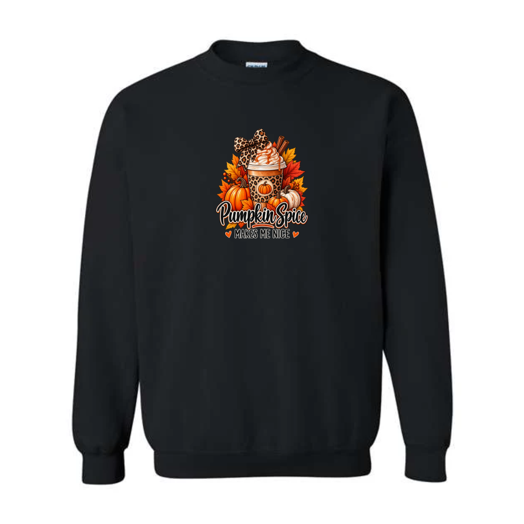 Pumpkin Spice Makes Me Nice design on black crewneck sweatshirt