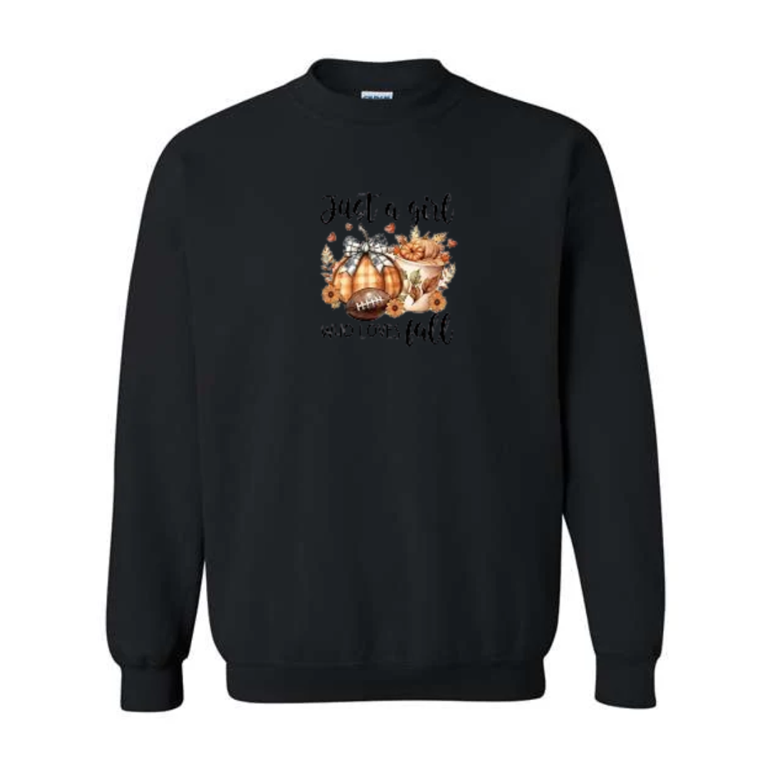 Just A Girl Who Loves Fall design on black crewneck sweatshirt