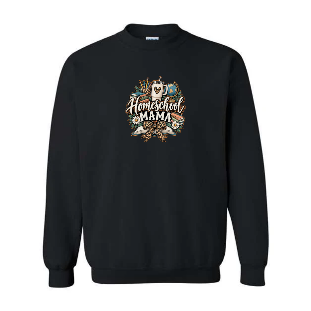 Homeschool Mama design on black crewneck sweatshirt