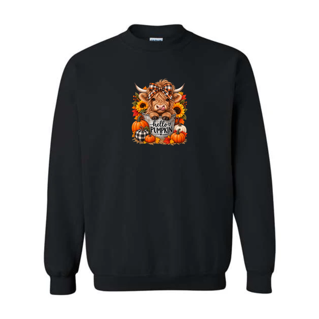 Hello Pumpkin Highland Cow design on black crewneck sweatshirt