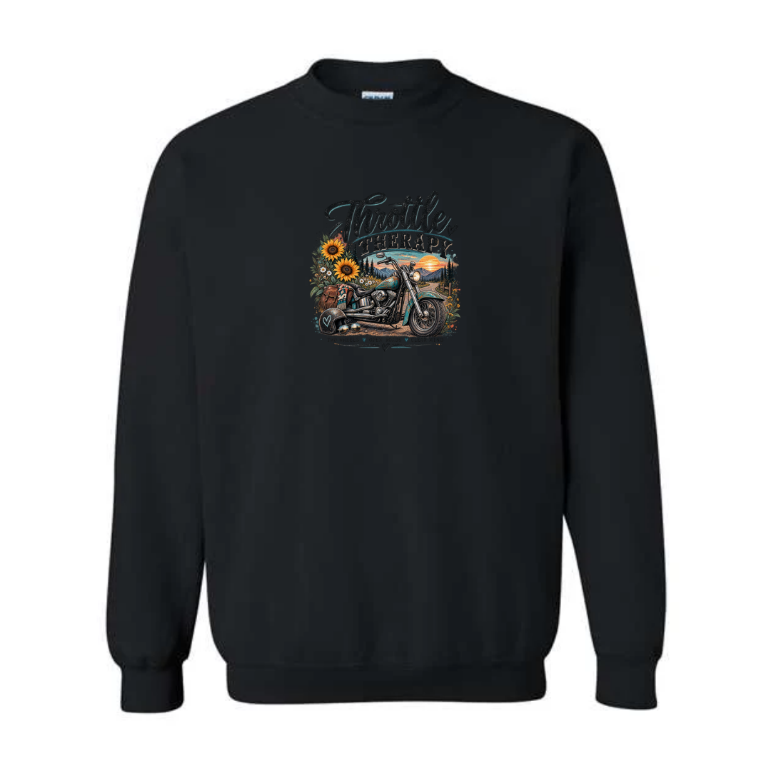 Throttle Therapy design on black crewneck sweatshirt