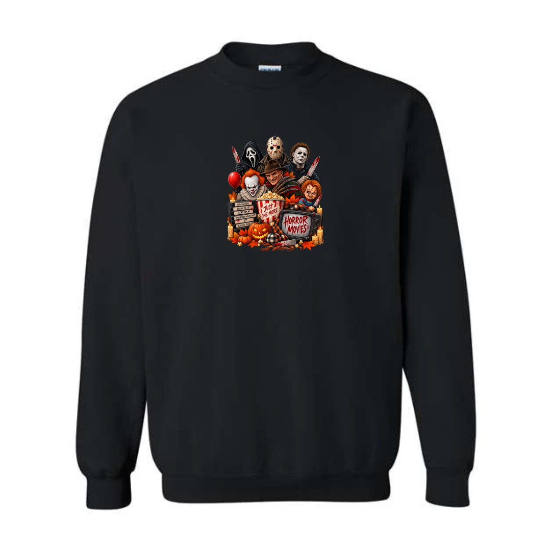 Just One More Horror Movie design on black crewneck sweatshirt
