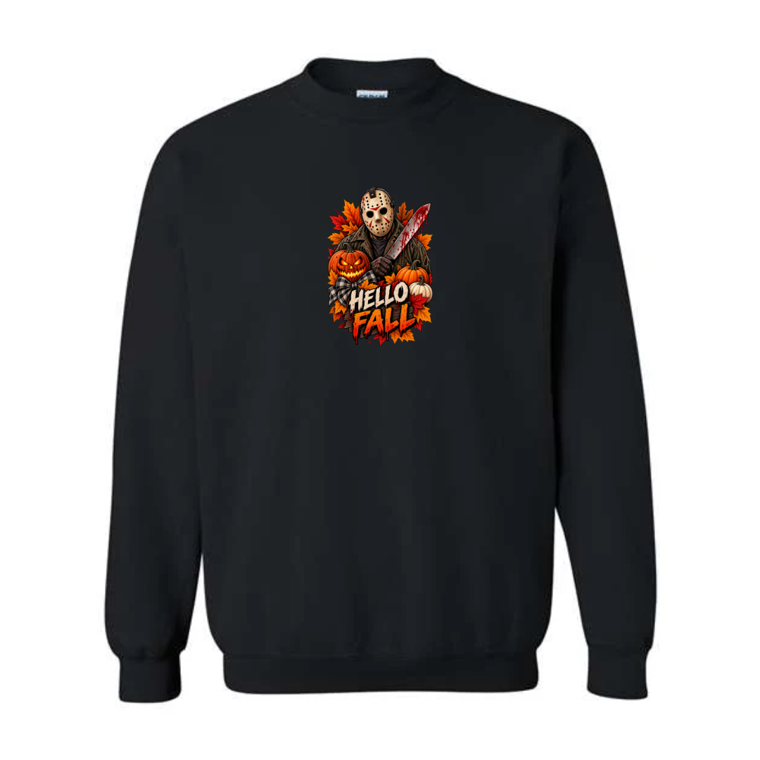 Hello Fall design on black crewneck sweatshirt