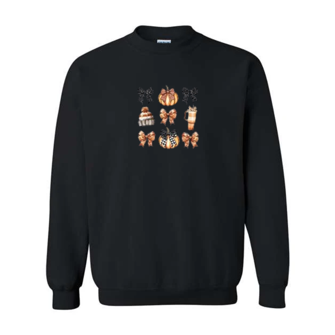 Cozy Bows and Brews design on black crewneck sweatshirt