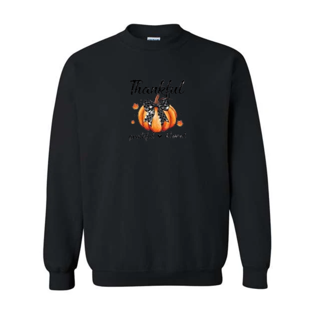 Thankful Grateful Blessed design on black crewneck sweatshirt