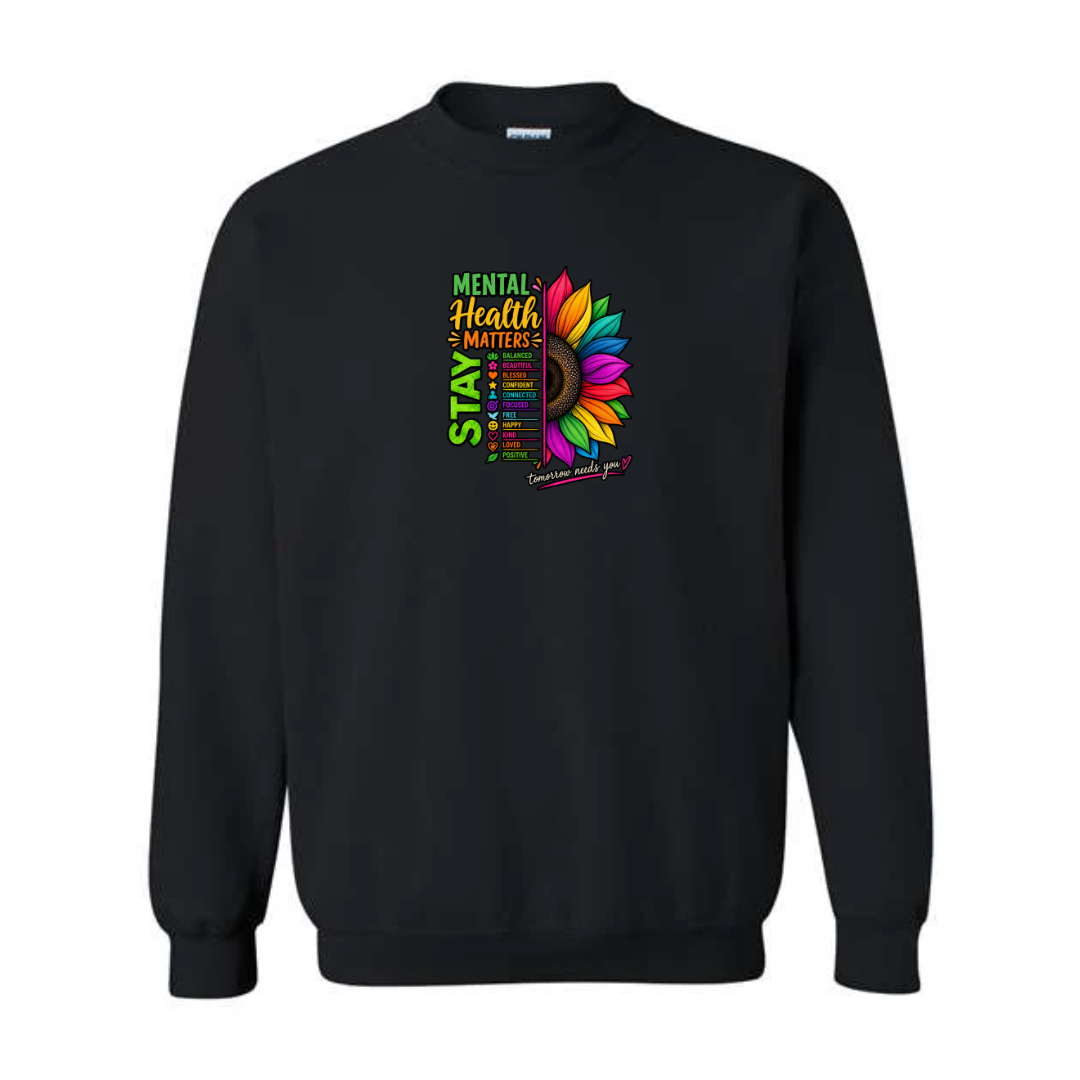 Mental Health Matters — Rainbow Sunflower design on black crewneck sweatshirt