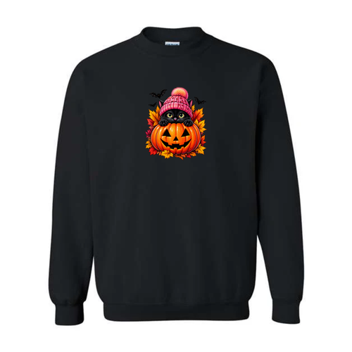 Black Cat Jack-O-Lantern design on black crewneck sweatshirt