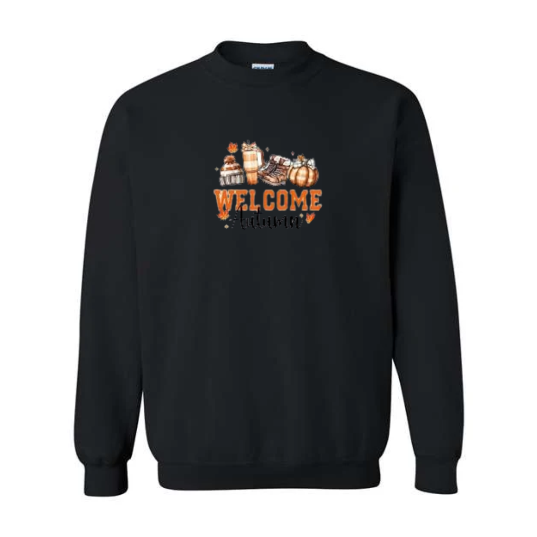 Welcome Autumn design on black crewneck sweatshirt