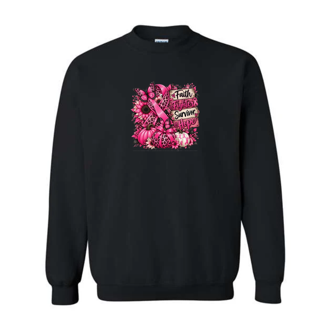 Faith Fighter Survivor Hope design on black crewneck sweatshirt
