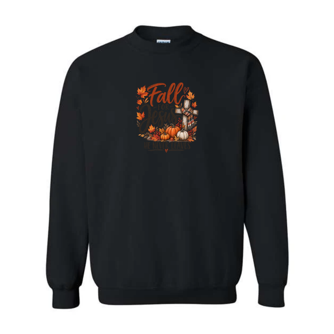 Fall For Jesus He Never Leaves — Watercolor design on black crewneck sweatshirt