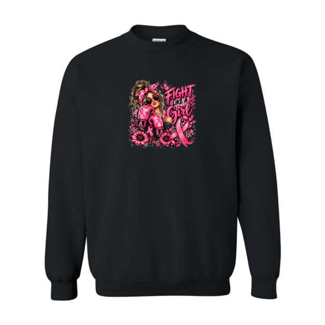 Fight Like A Girl — Boxing Gloves design on black crewneck sweatshirt