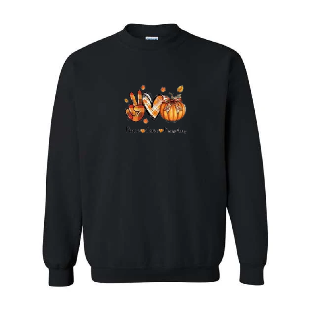 Peace Love Pumpkins design on black crewneck sweatshirt