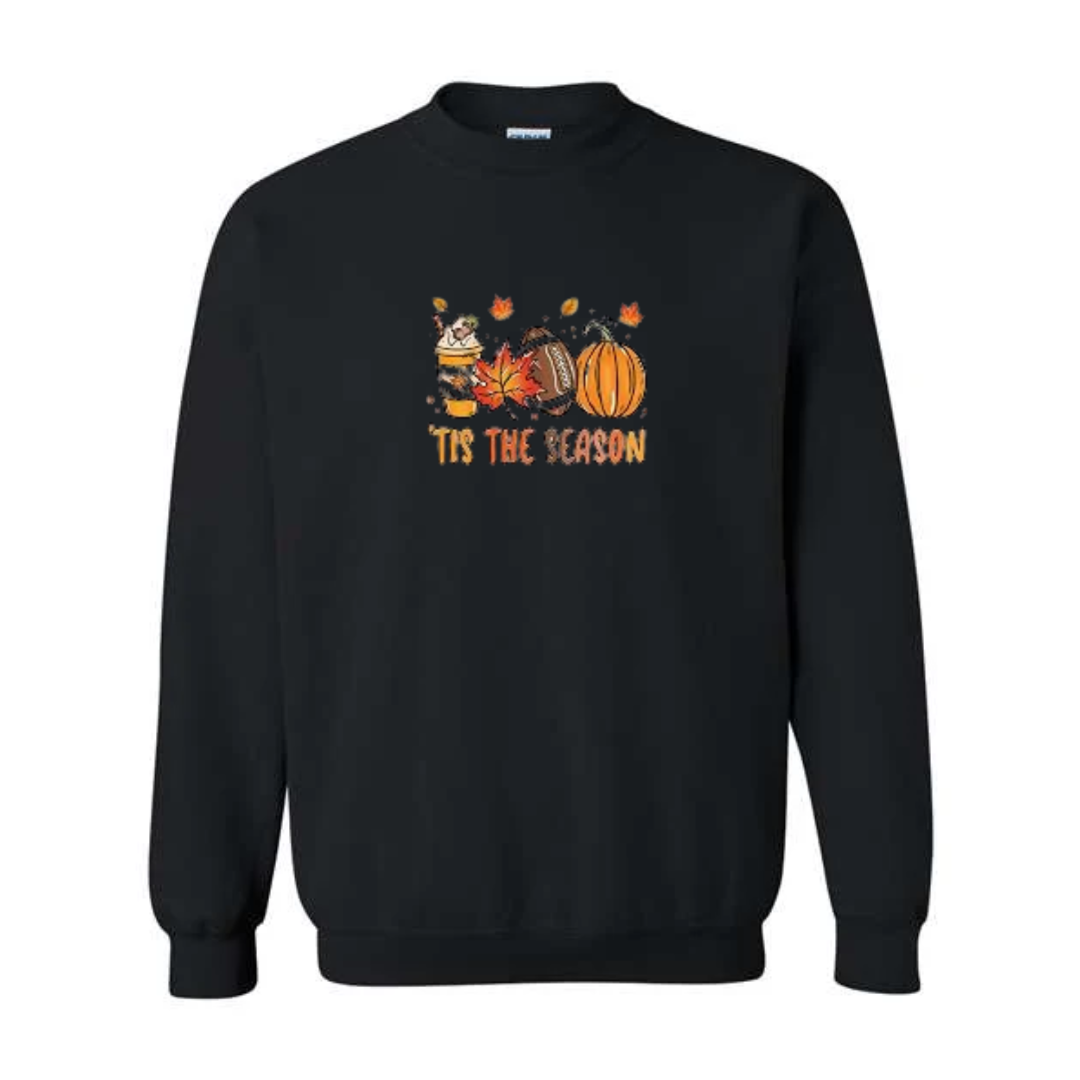 Tis The Season design on black crewneck sweatshirt