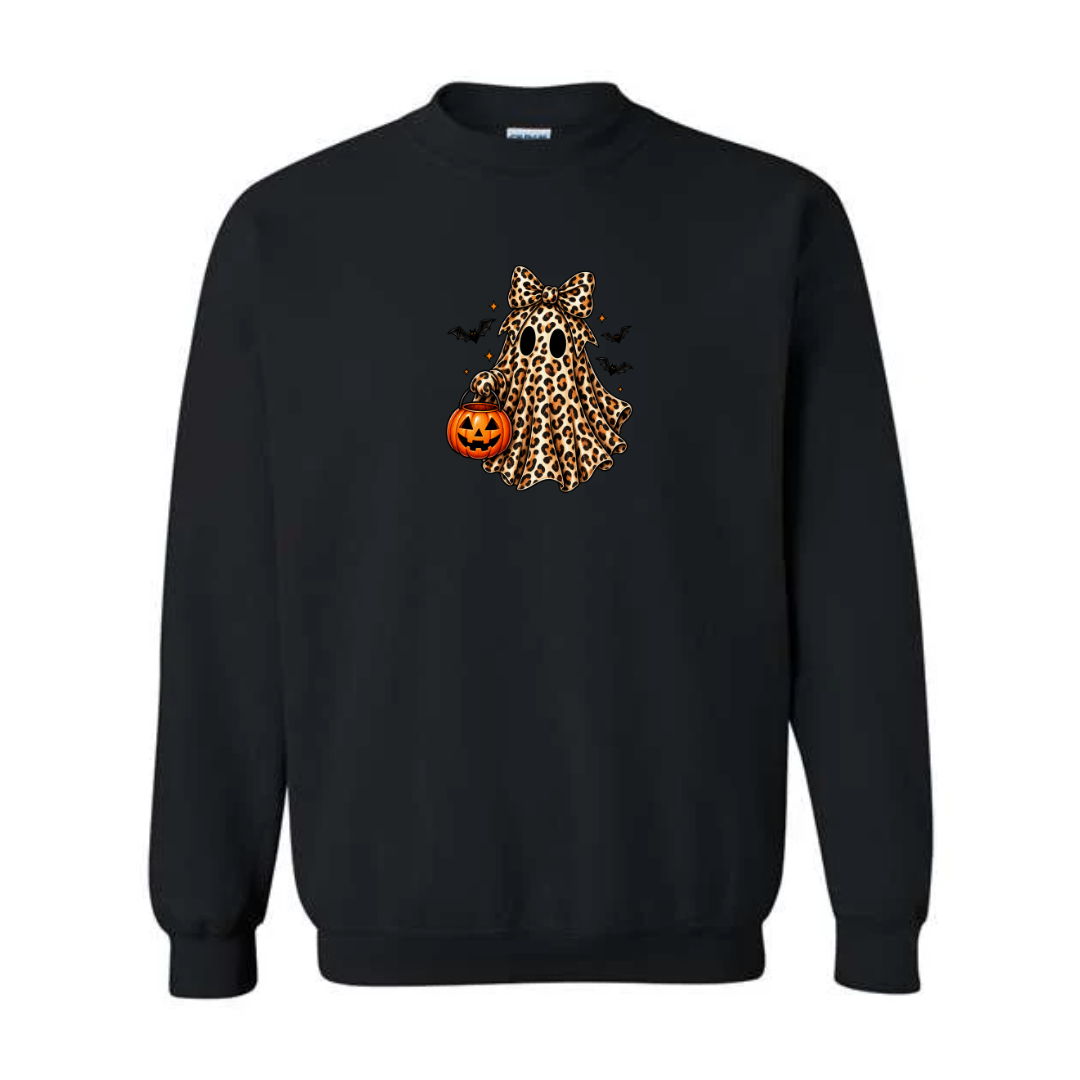 Leopard Ghost With Pumpkin Pail design on black crewneck sweatshirt