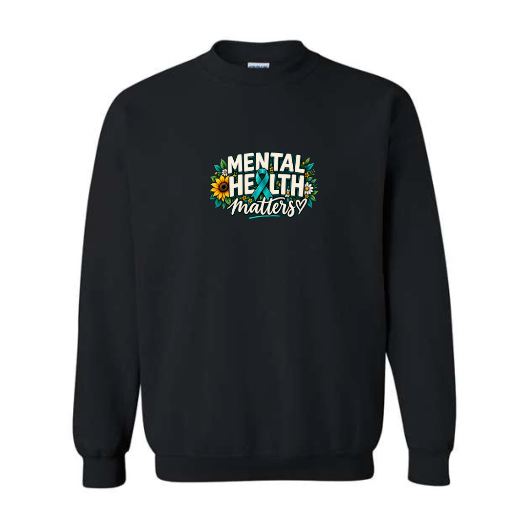 Mental Health Matters — Teal Ribbon design on black crewneck sweatshirt