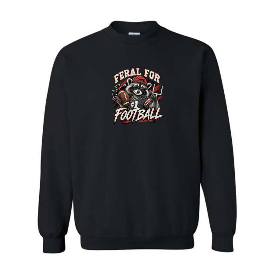 Feral For Football — Varsity Red design on black crewneck sweatshirt