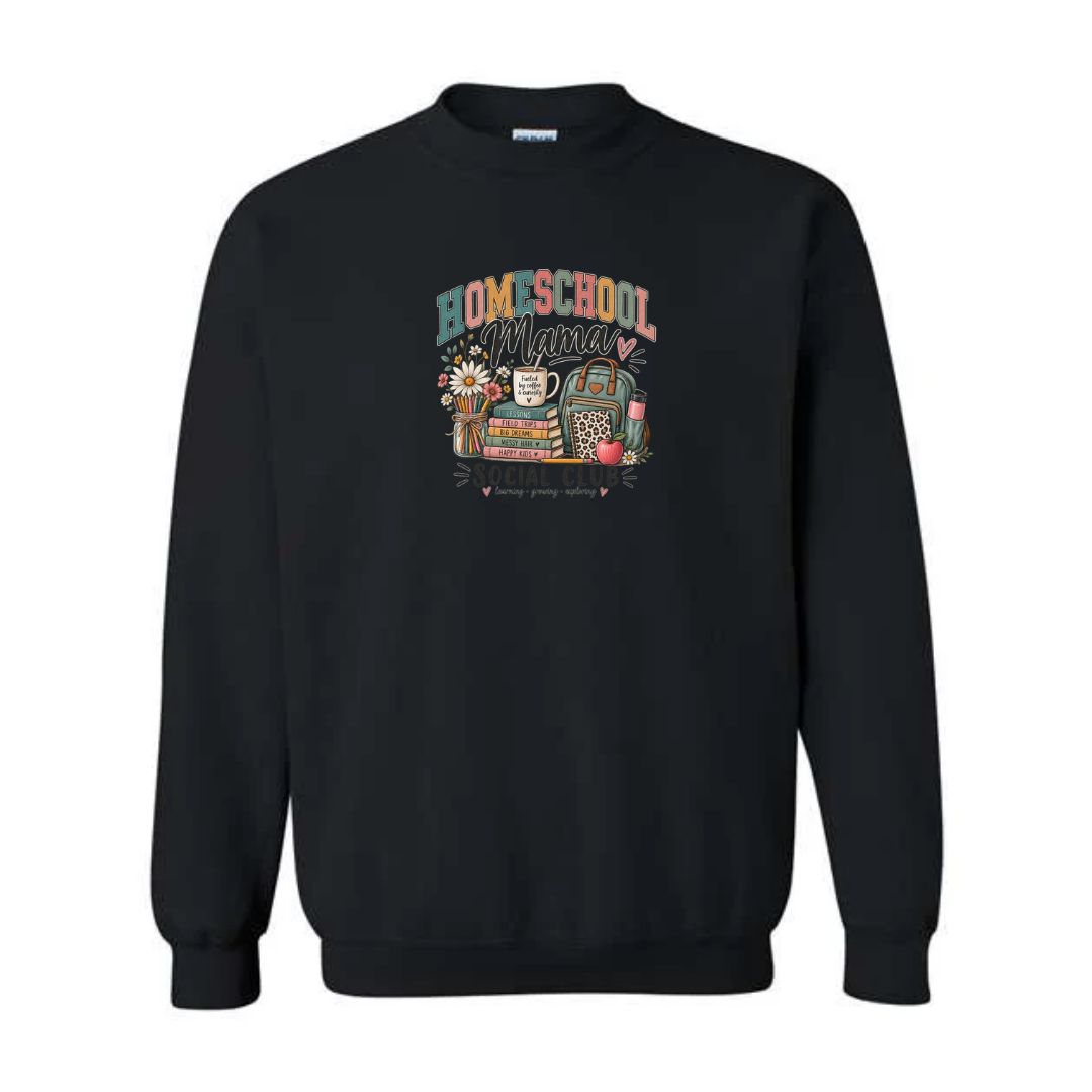 Homeschool Mama Social Club design on black crewneck sweatshirt
