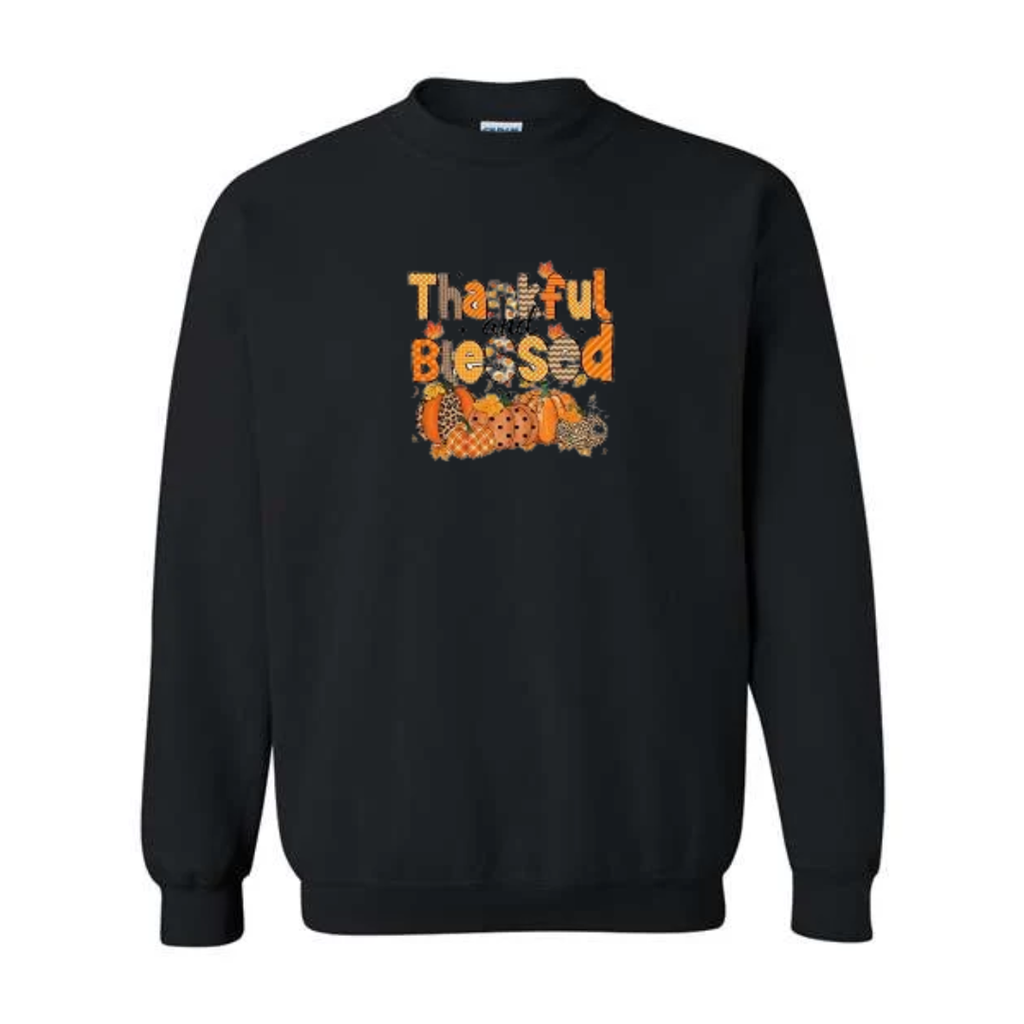 Thankful And Blessed design on black crewneck sweatshirt