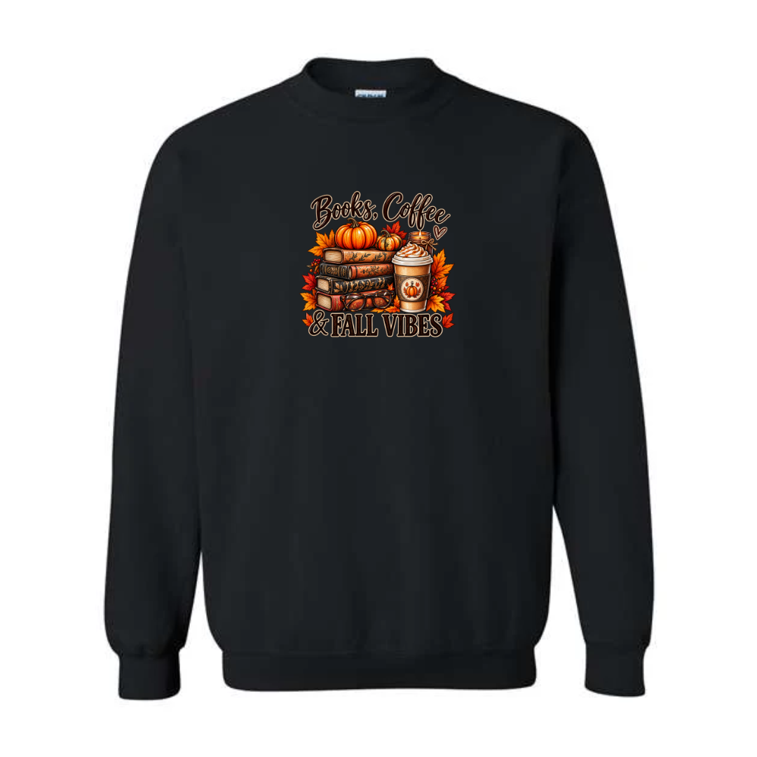 Books Coffee & Fall Vibes design on black crewneck sweatshirt