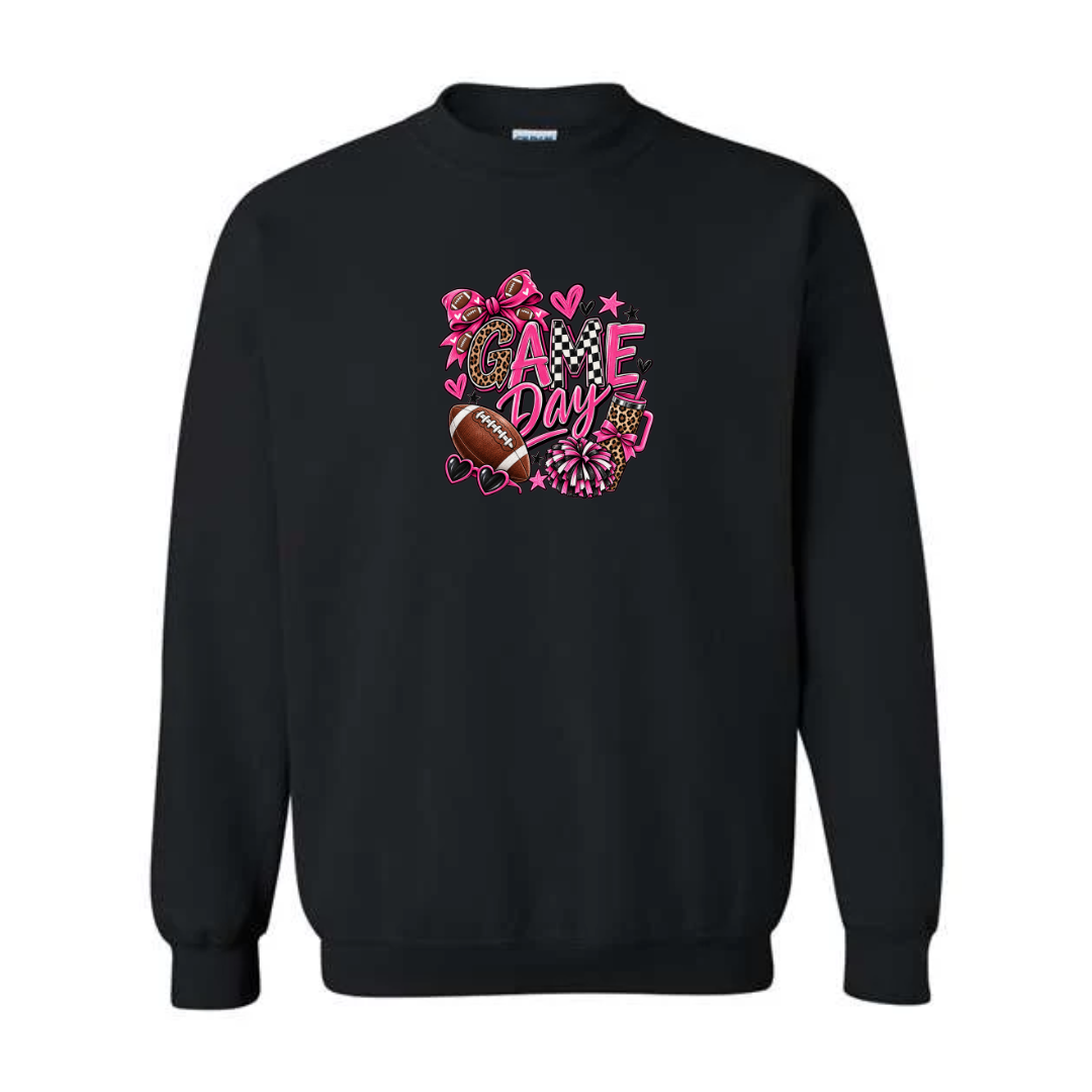 Game Day — Pink Leopard design on black crewneck sweatshirt