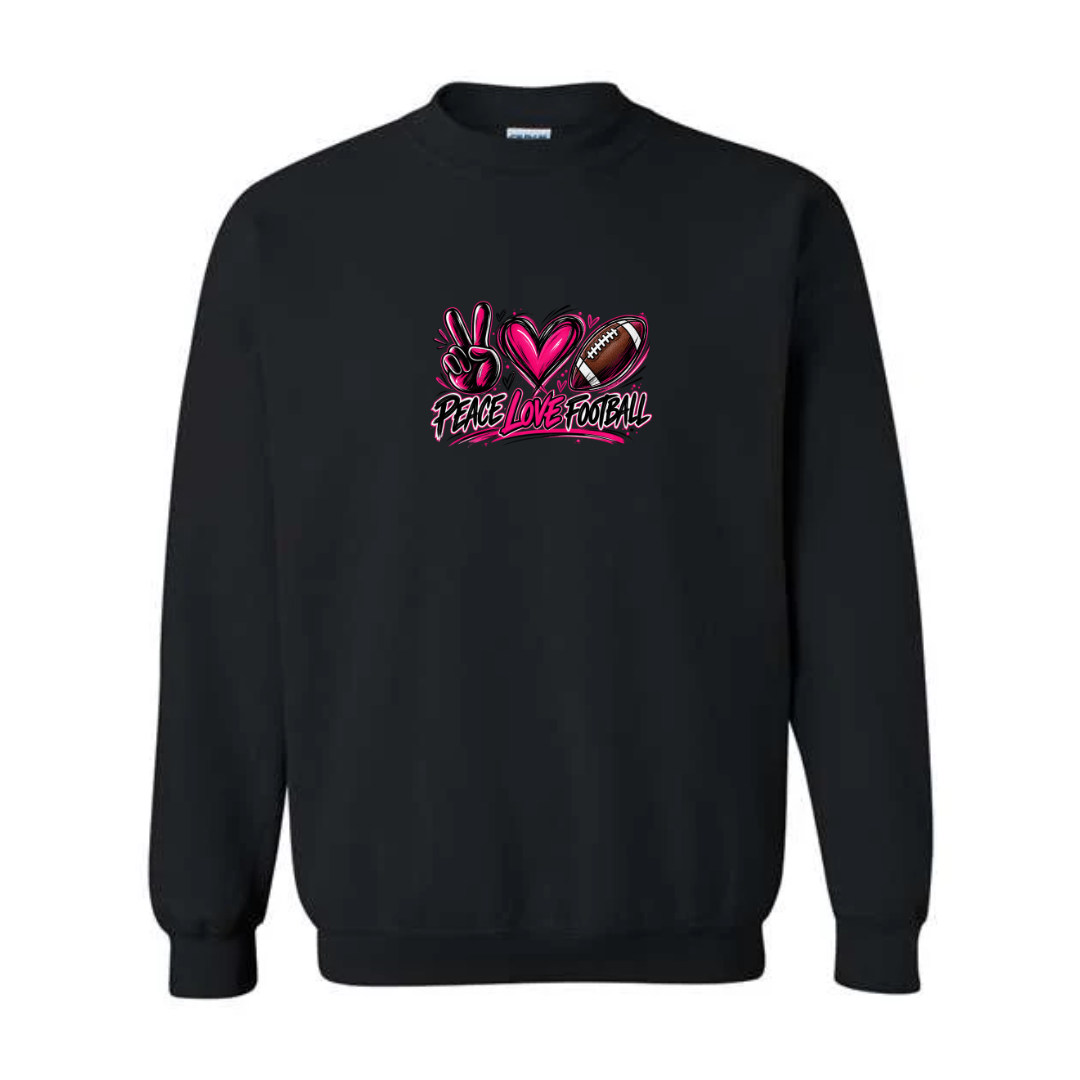 Peace Love Football design on black crewneck sweatshirt