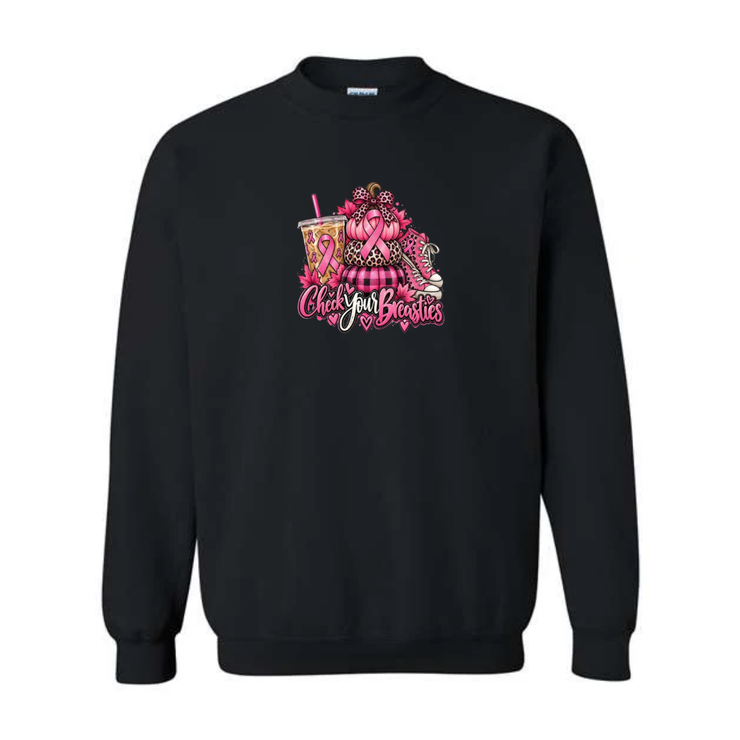 Check Your Breasties design on black crewneck sweatshirt