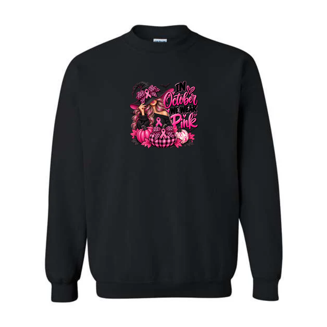 In October We Wear Pink — Witch Hat design on black crewneck sweatshirt