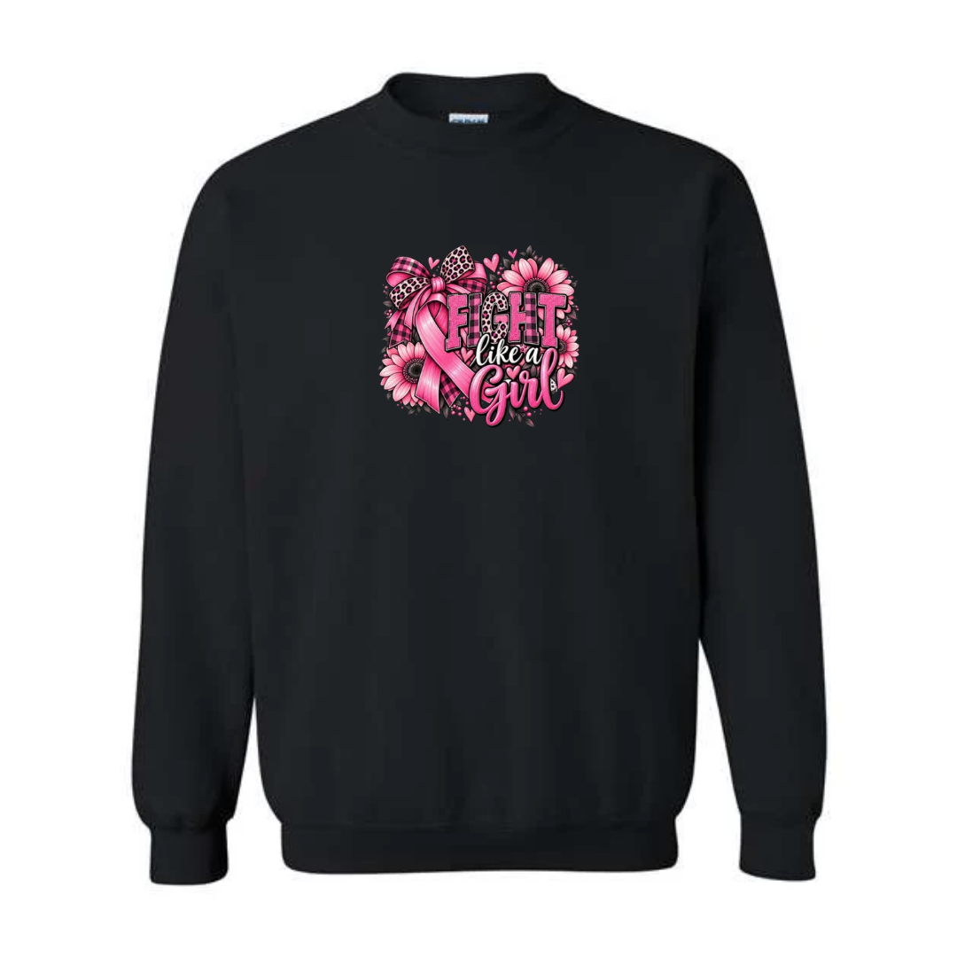 Fight Like A Girl — Sunflower Bow design on black crewneck sweatshirt