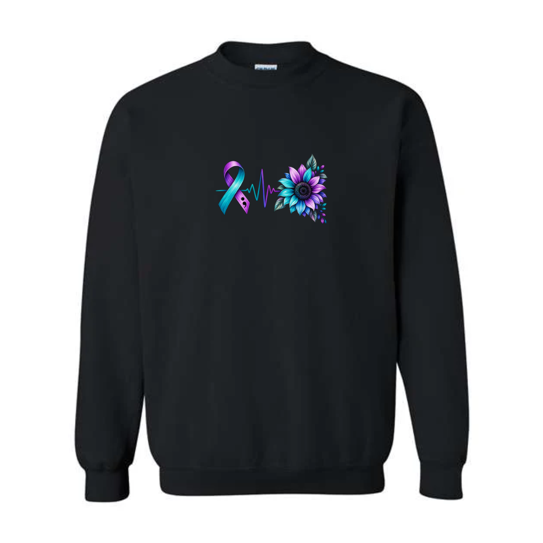 Suicide Prevention Ribbon Sunflower design on black crewneck sweatshirt