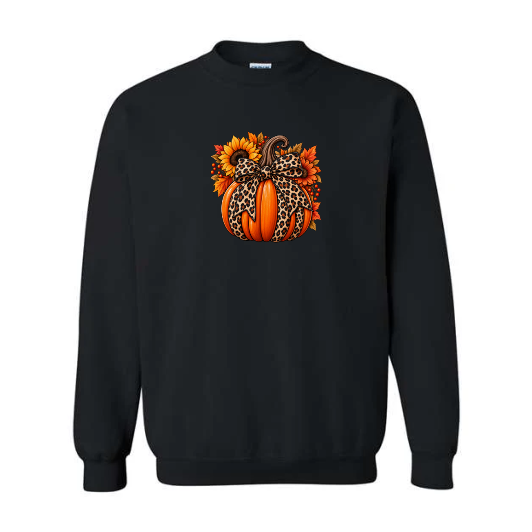 Leopard Pumpkin With Bow design on black crewneck sweatshirt