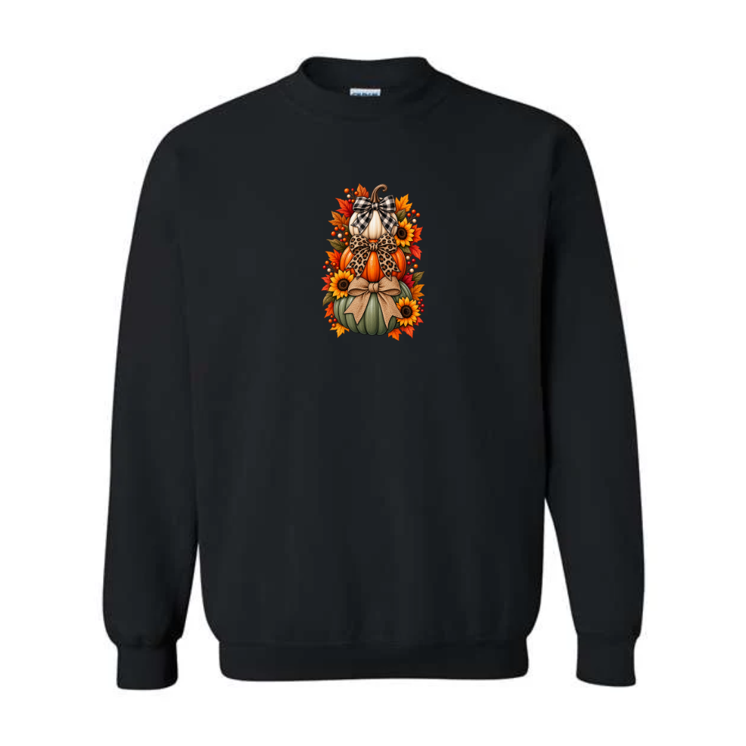 Stacked Pumpkins With Bows design on black crewneck sweatshirt