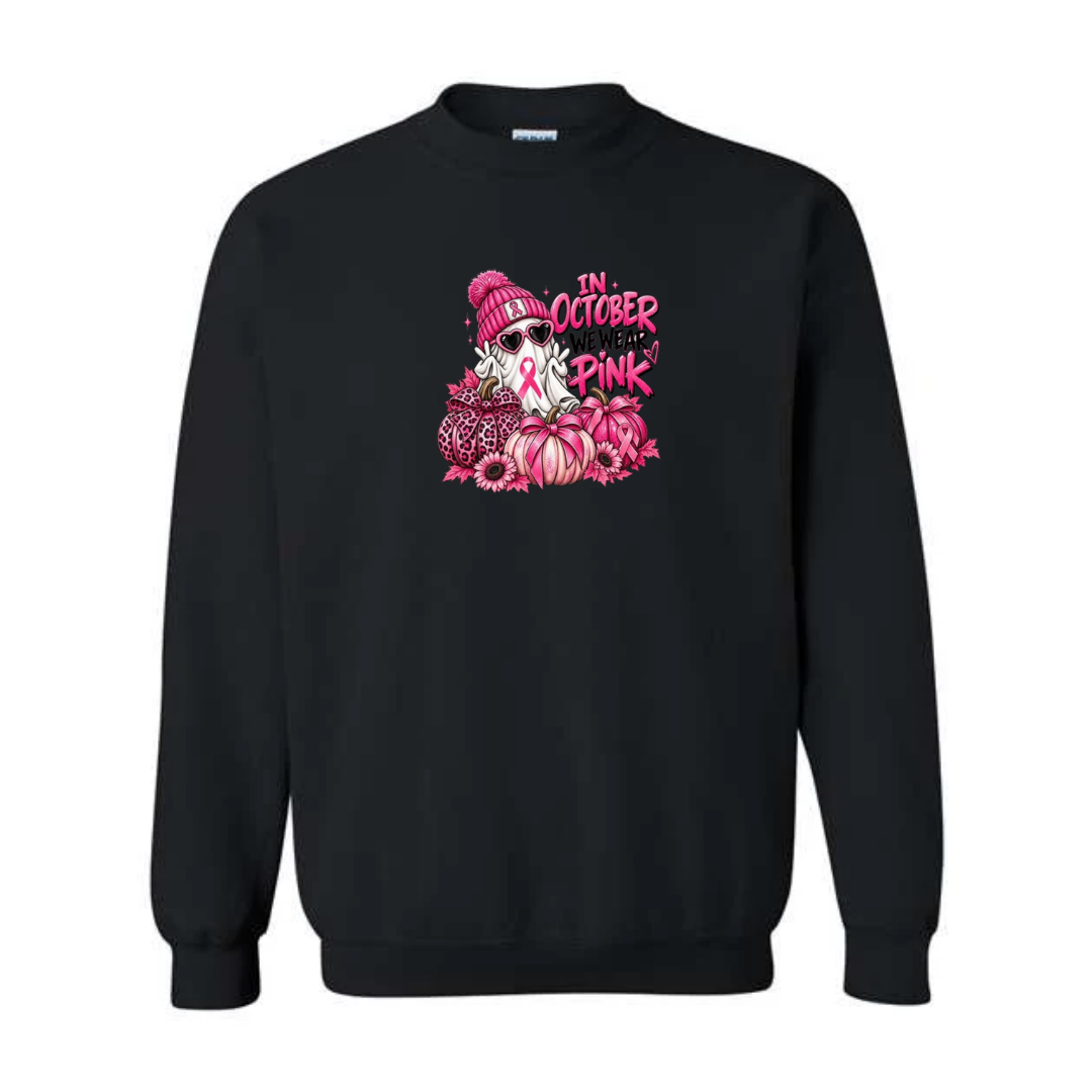 In October We Wear Pink — Ghost design on black crewneck sweatshirt