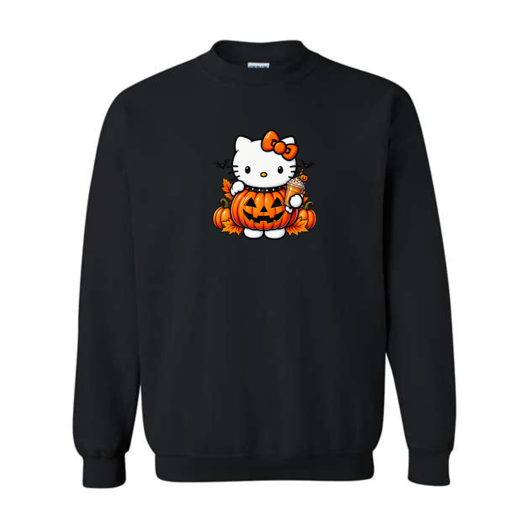 Kitty Pumpkin Latte design on black crewneck sweatshirt
