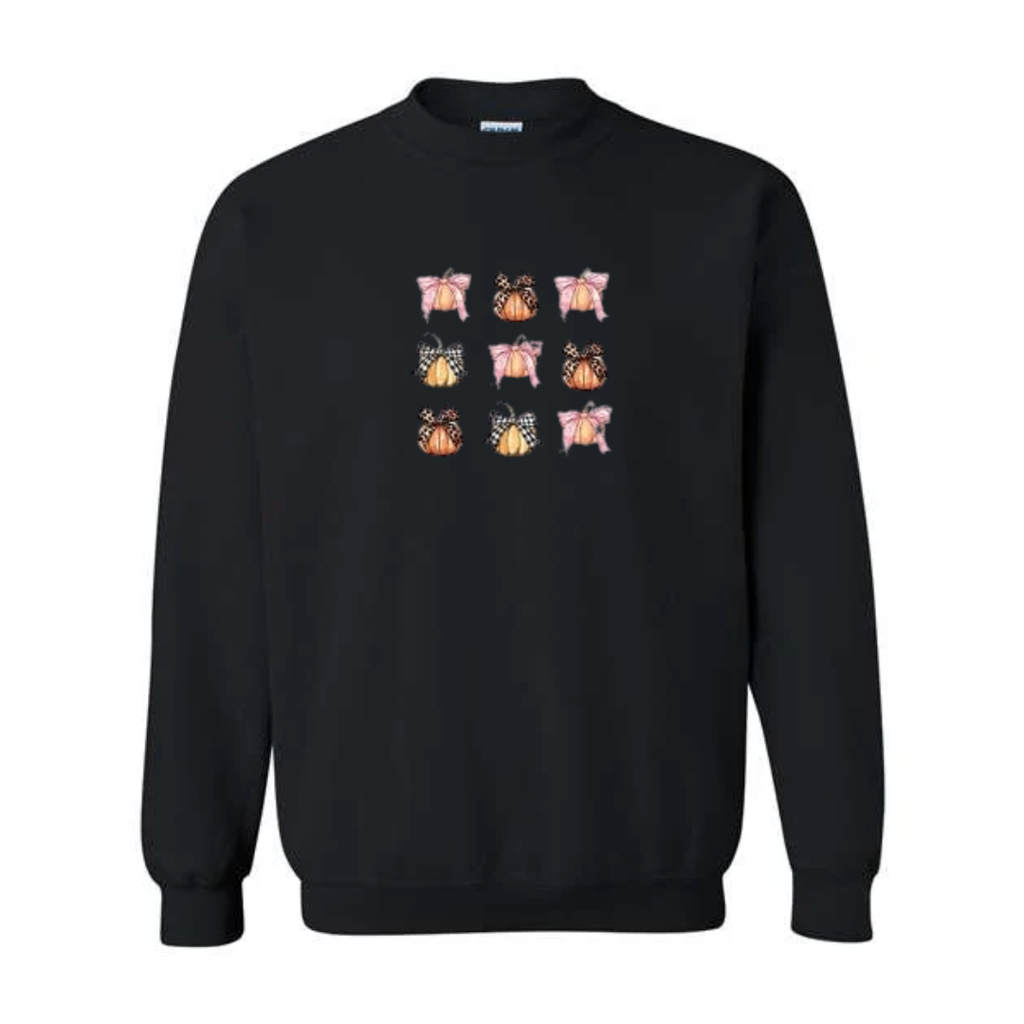 Coquette Pumpkin Bows design on black crewneck sweatshirt