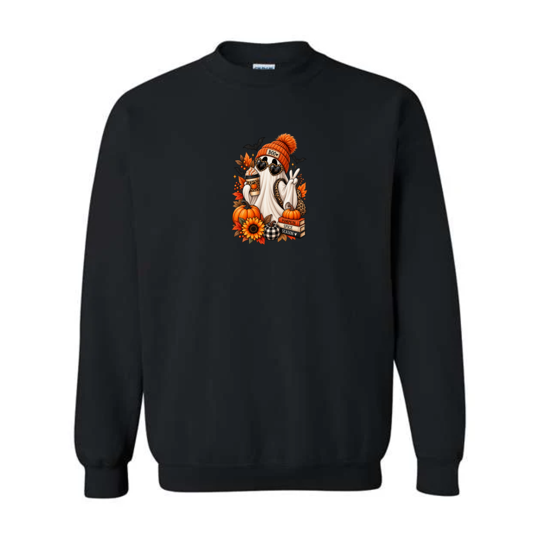 Pumpkin Spice Season Ghost design on black crewneck sweatshirt