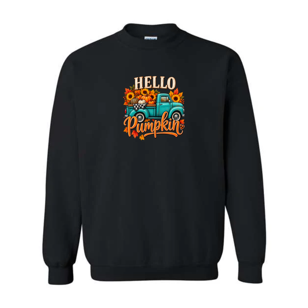 Hello Pumpkin Truck design on black crewneck sweatshirt