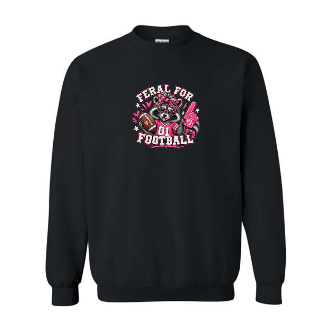 Feral For Football — Pink Cheer design on black crewneck sweatshirt