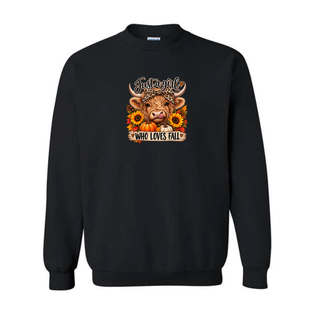 Just A Girl Who Loves Fall design on black crewneck sweatshirt
