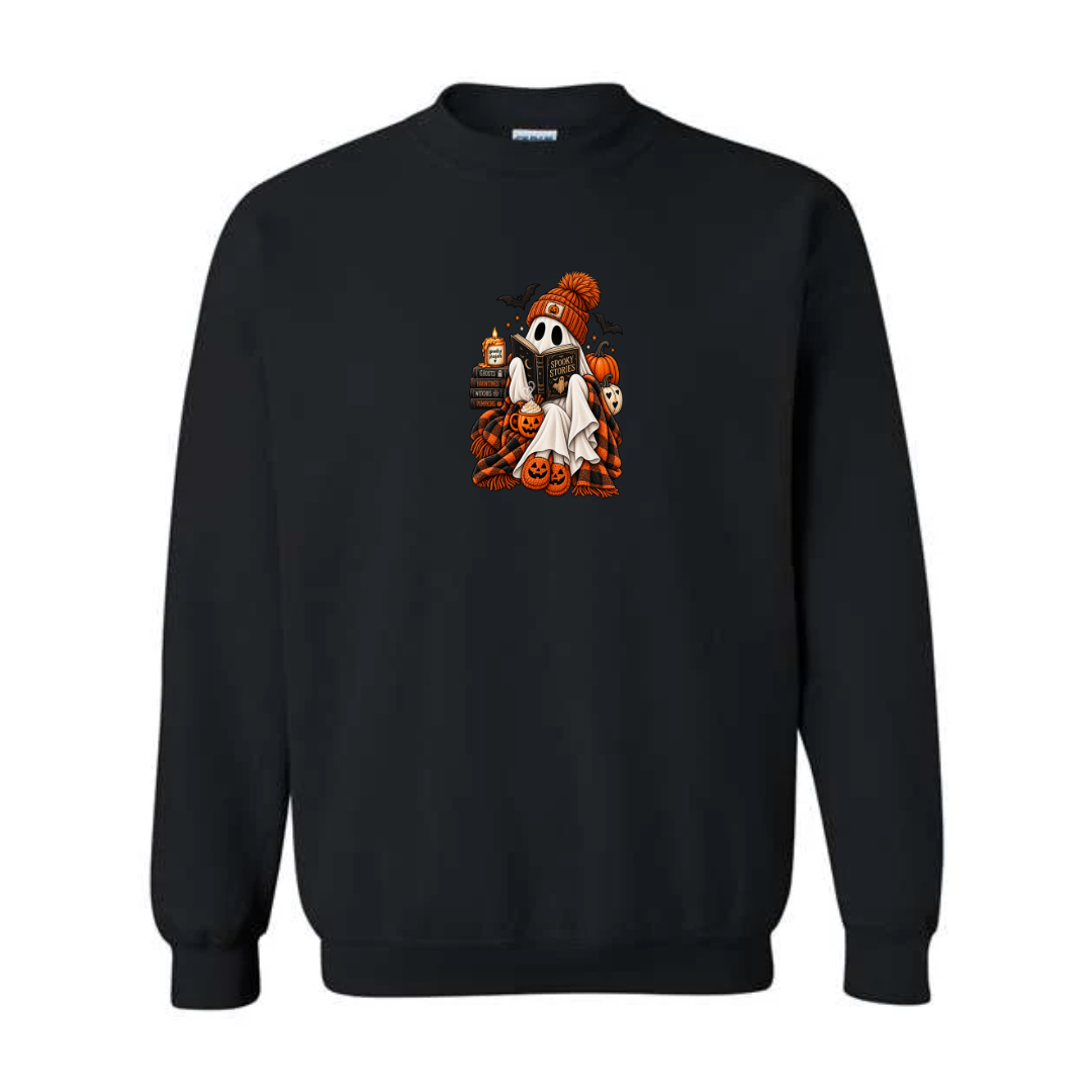 Spooky Stories design on black crewneck sweatshirt