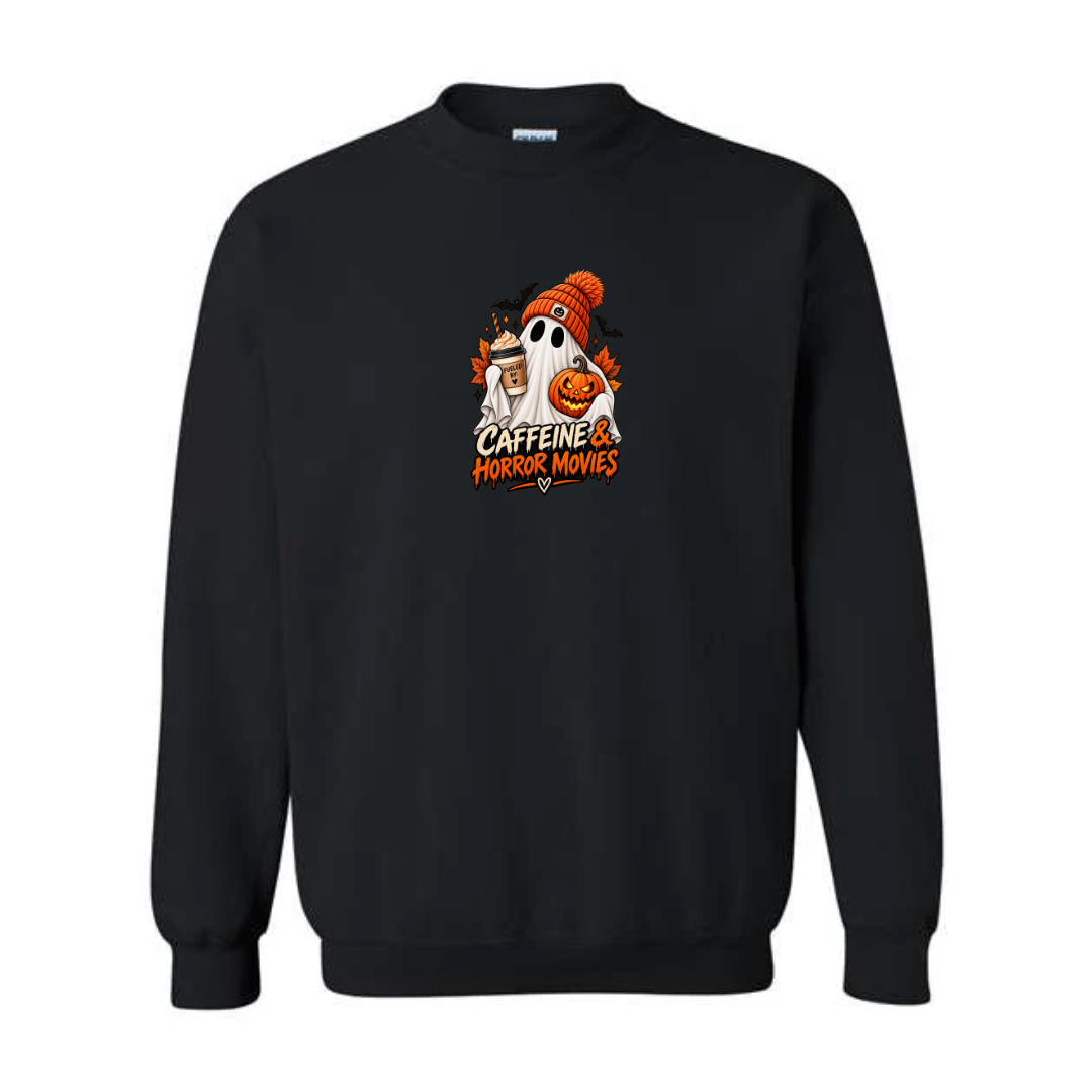 Caffeine & Horror Movies design on black crewneck sweatshirt
