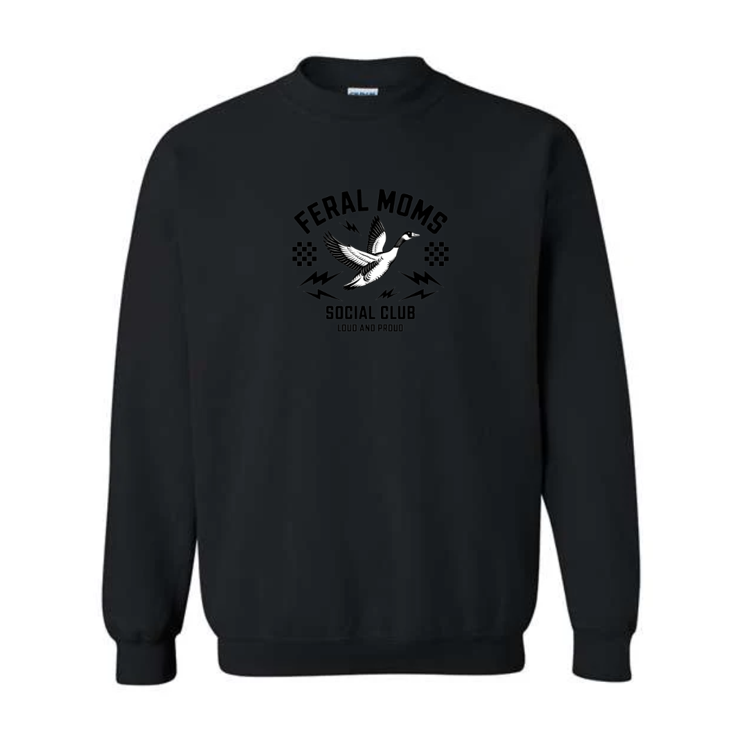 Feral Moms Social Club design on black crewneck sweatshirt