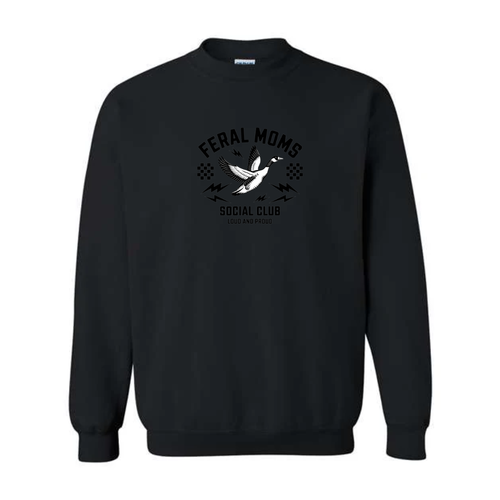 Feral Moms Social Club design on black crewneck sweatshirt