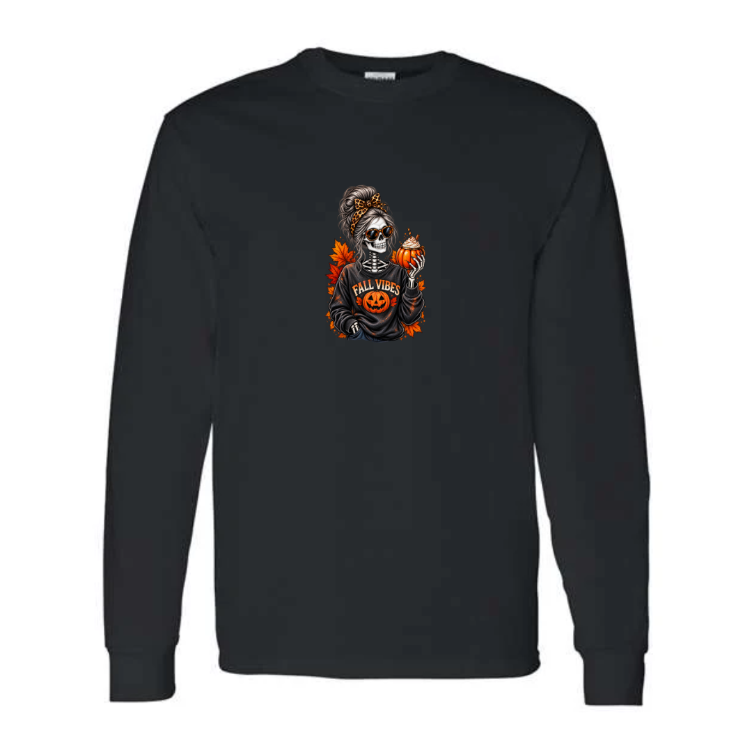 Fall Vibes Skeleton design on black long sleeve tee