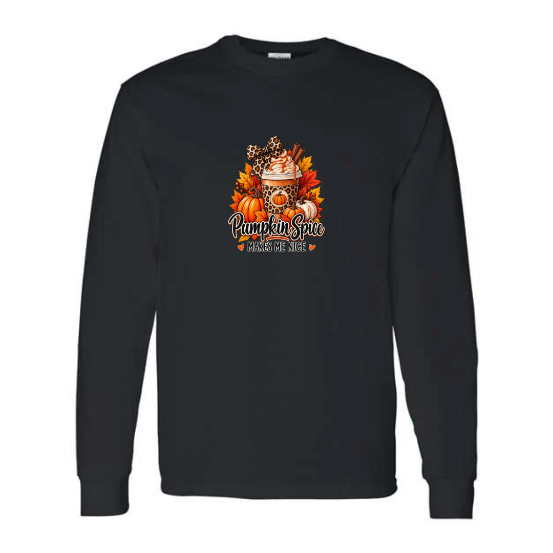 Pumpkin Spice Makes Me Nice design on black long sleeve tee