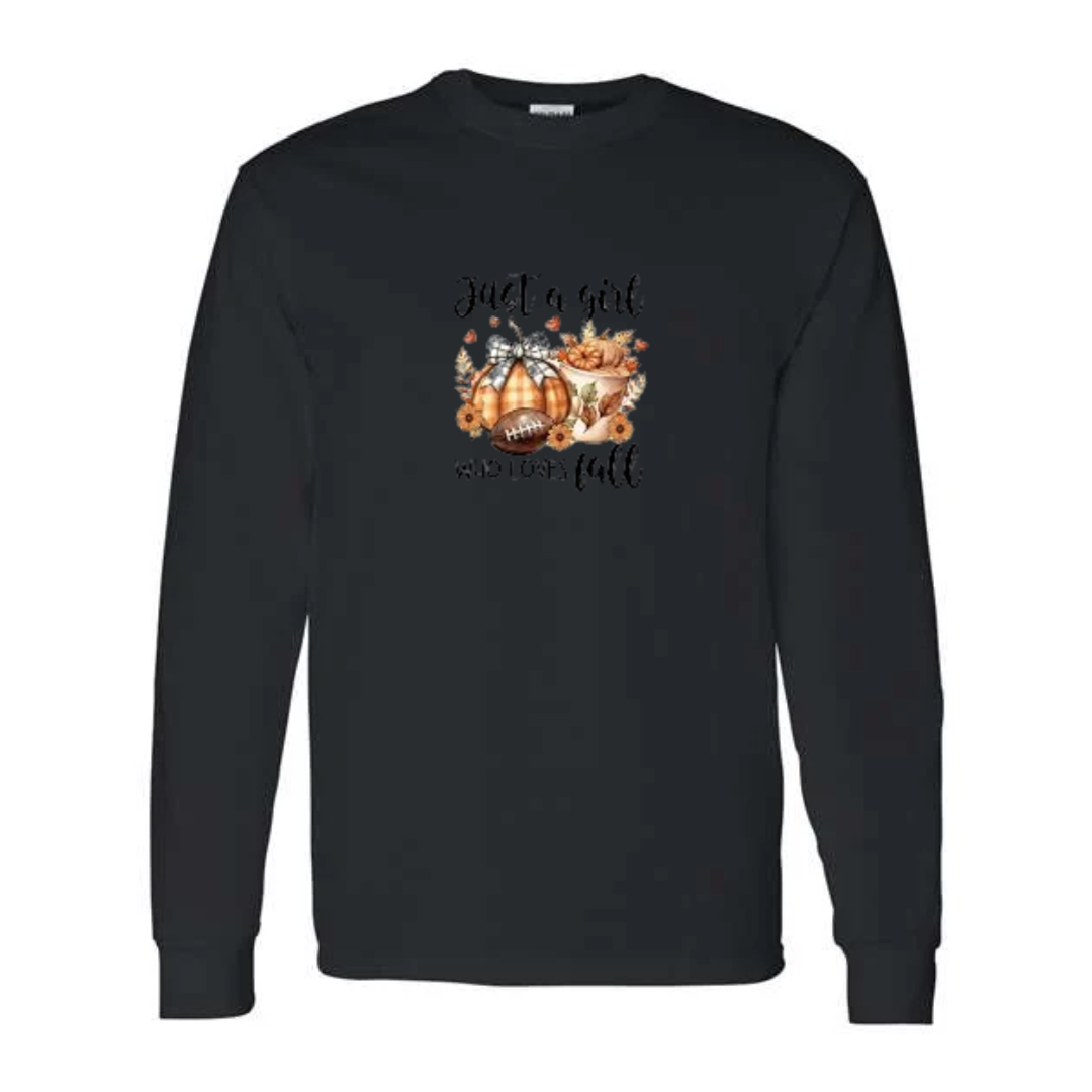 Just A Girl Who Loves Fall design on black long sleeve tee