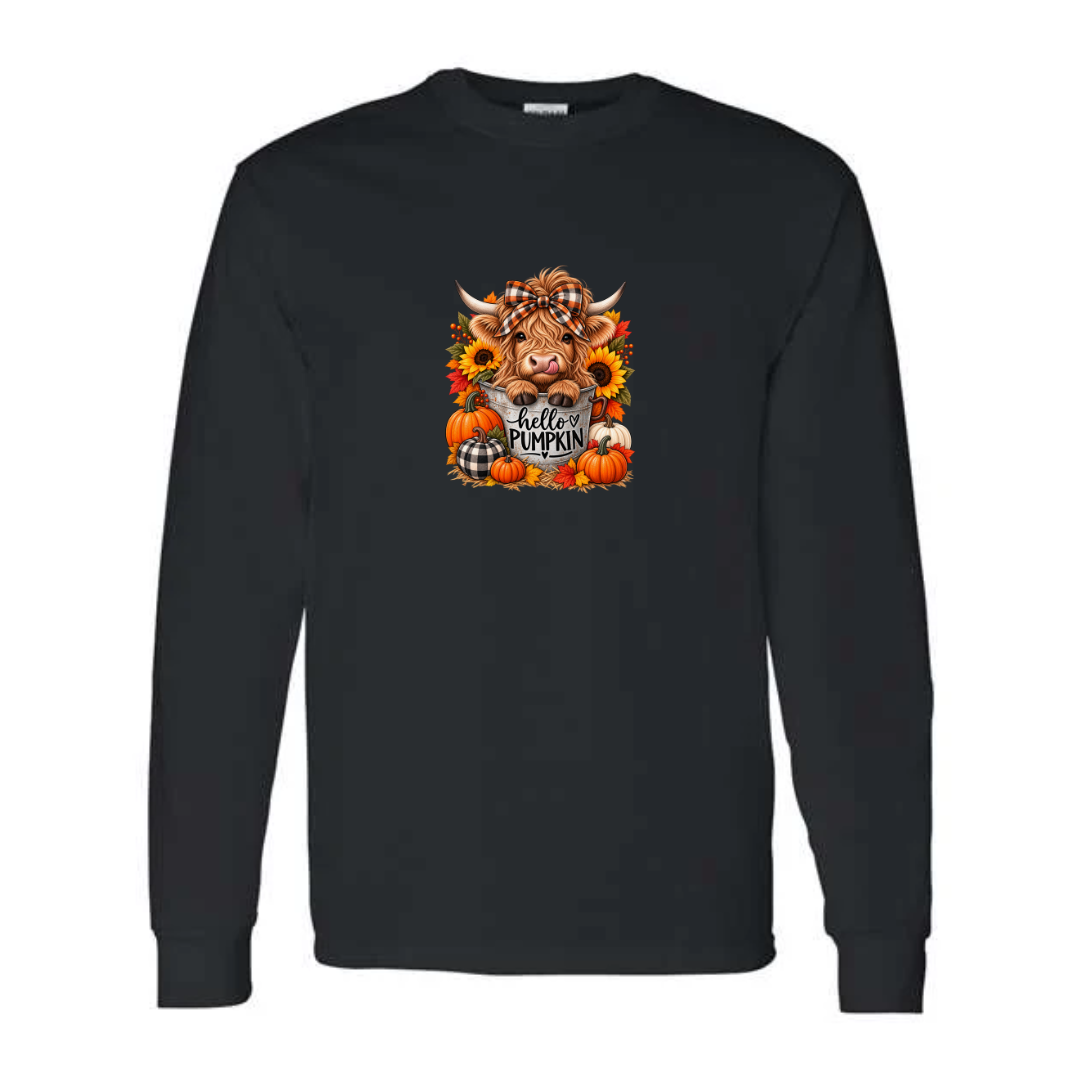 Hello Pumpkin Highland Cow design on black long sleeve tee