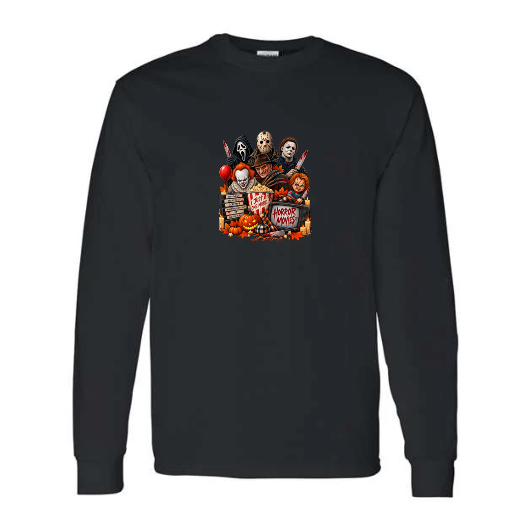 Just One More Horror Movie design on black long sleeve tee