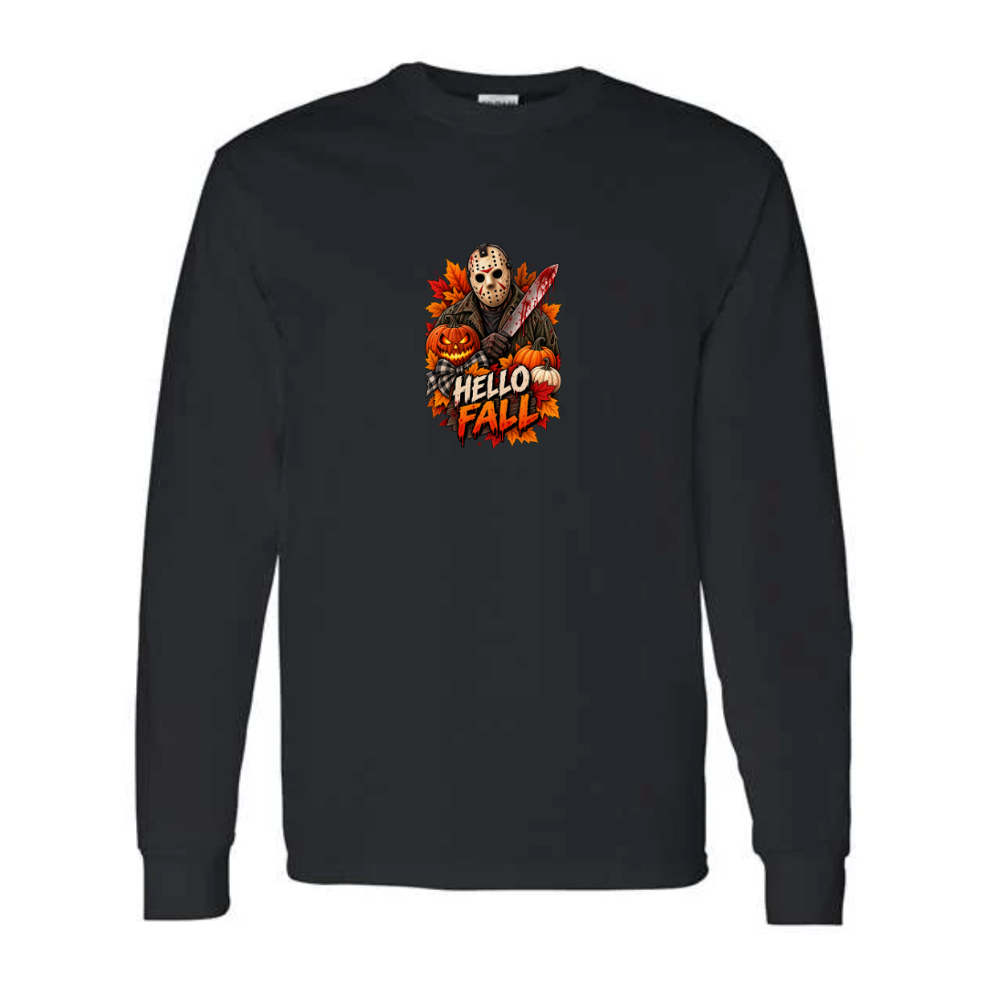 Hello Fall design on black long sleeve tee