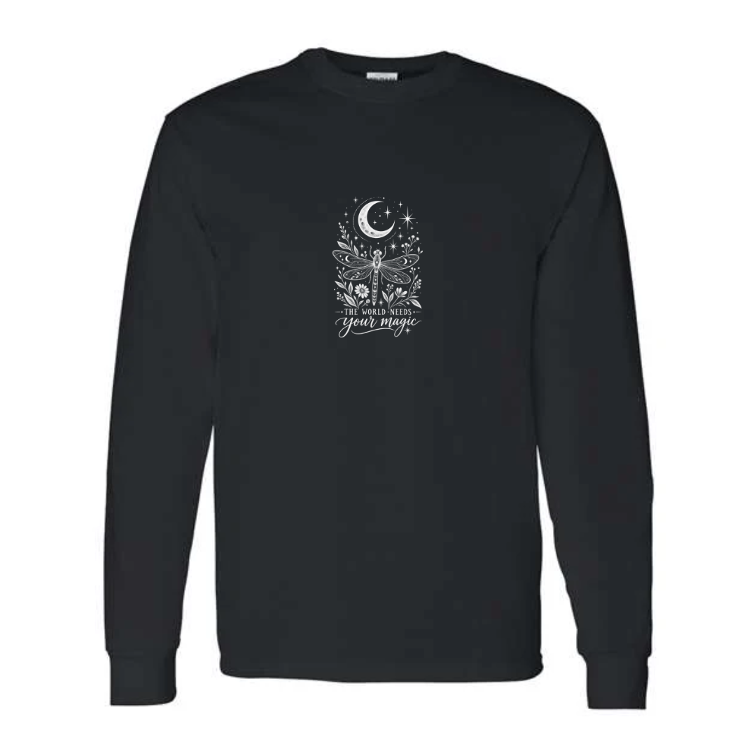 The World Needs Your Magic design on black long sleeve tee