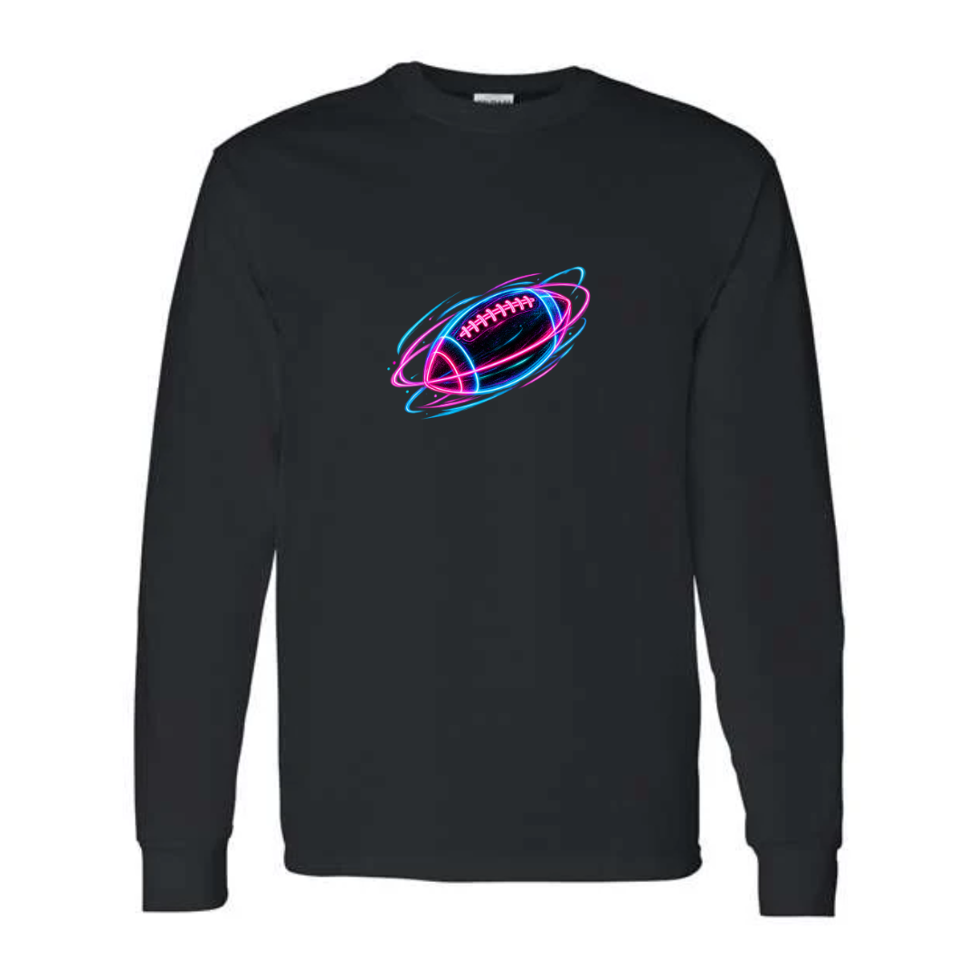 Neon Football design on black long sleeve tee